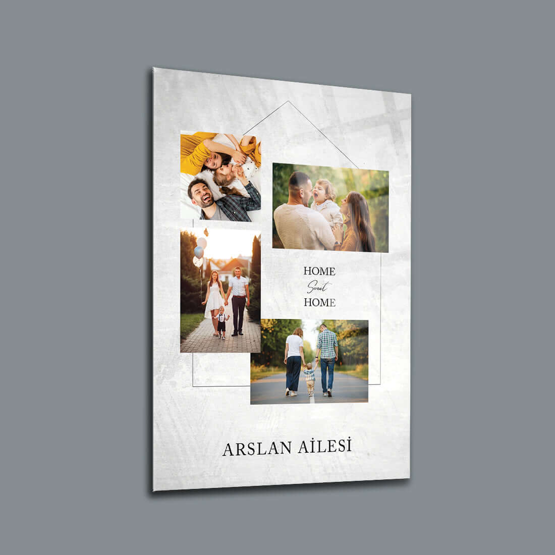 Kişiye özel tasarım aile fotoğrafı, Arslan Ailesi için şık cam tablo, modern ev dekoru.