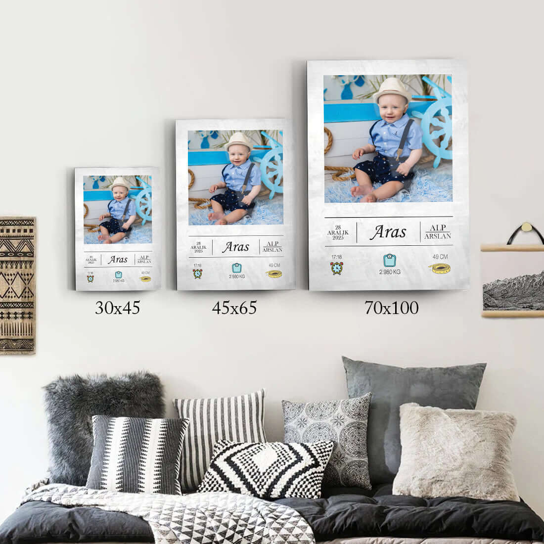 Personalized photo frames in three sizes showcasing a child's portrait with nautical decor.