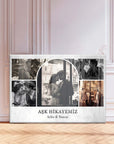 Özel tasarım cam tablo, Aylin ve Tuncay'ın aşk hikayesini anlatan, vintage tarzda fotoğraflarla dekore edilmiş.
