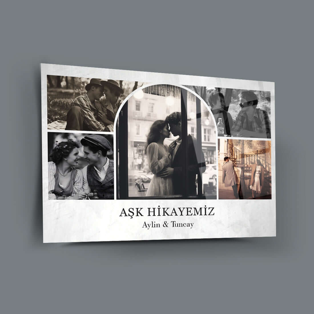 Özel tasarım Aşk Hikayemiz, Aylin ve Tuncay, çerçevelenmiş fotoğraflarla sevgi dolu anlar.