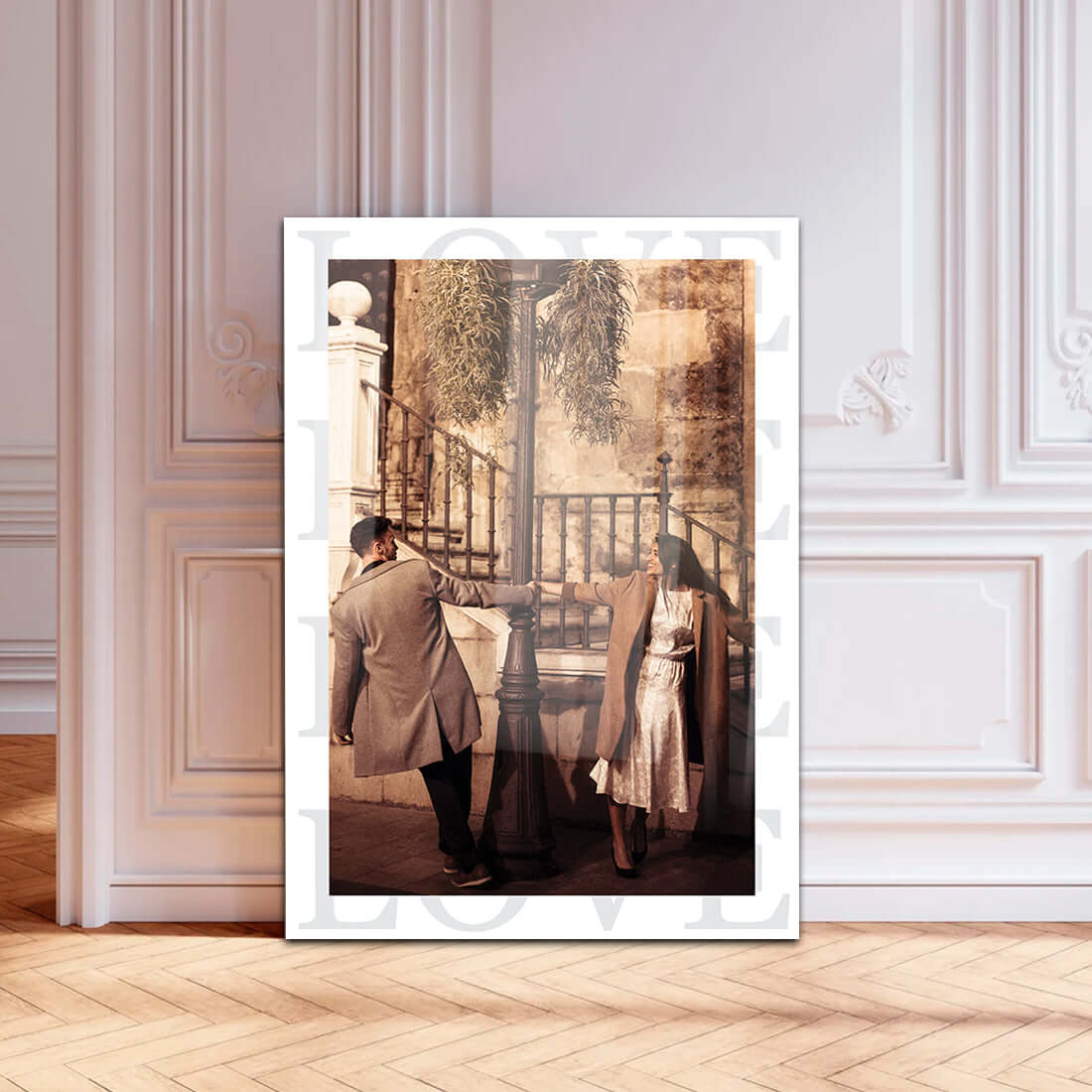 Elegant wall art featuring a loving couple, framed in a stylish interior setting with a vintage feel.