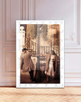 Elegant wall art featuring a loving couple, framed in a stylish interior setting with a vintage feel.