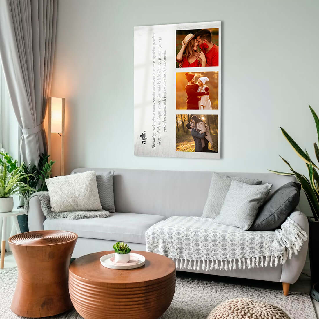 Modern living room featuring personalized design wall art with love-themed photo collage.