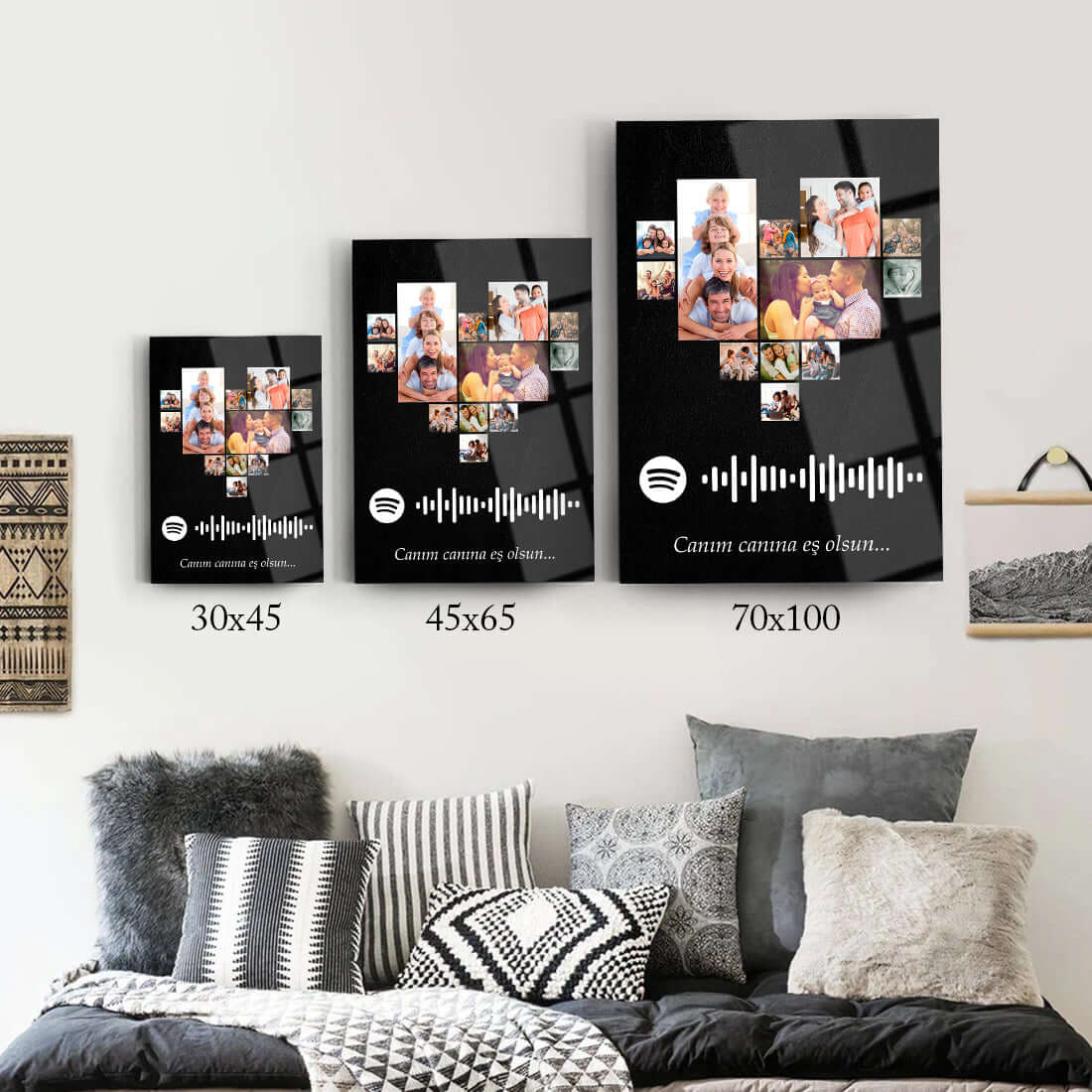 Modern wall art featuring customized photo displays and Spotify code for a unique design in different sizes.