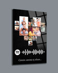 Personalized glass art design featuring family photos and Spotify code, perfect for special occasions.