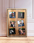 Wooden photo frame displaying six portraits with decorative green pins, set in a stylish interior.