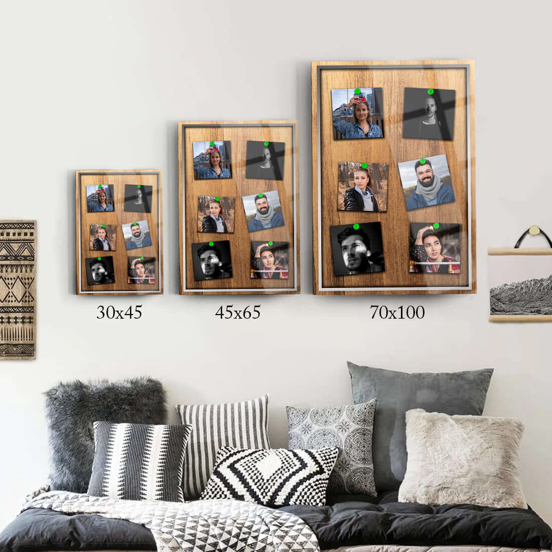 Özel tasarım 3 farklı çerçevede duvara asılmış fotoğraf çerçeveleri, modern oturma odası dekorasyonu.