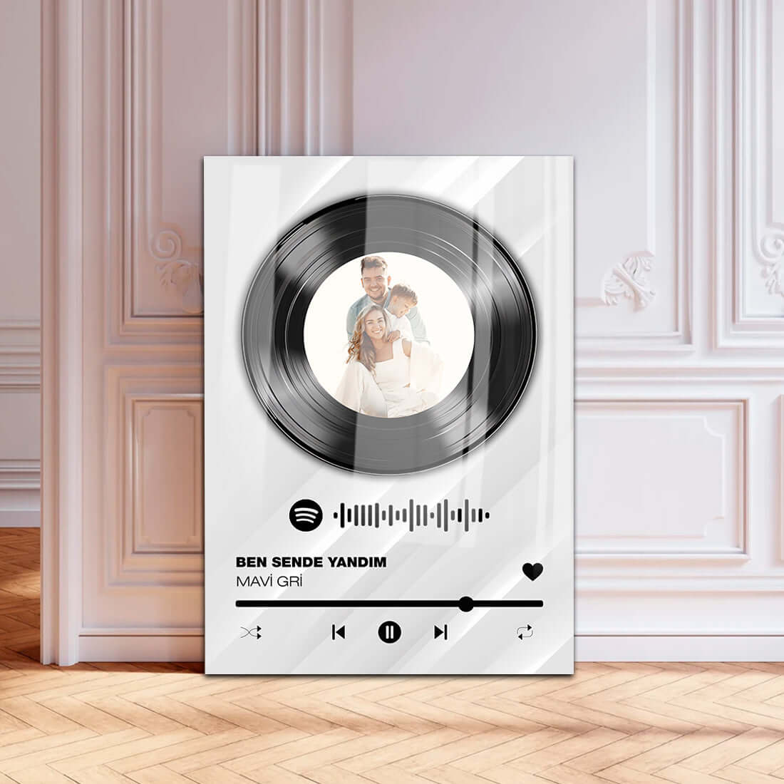 Custom design glass wall art featuring a vinyl record style print with photo and song title.