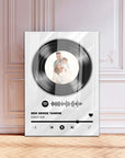 Custom design glass wall art featuring a vinyl record style print with photo and song title.