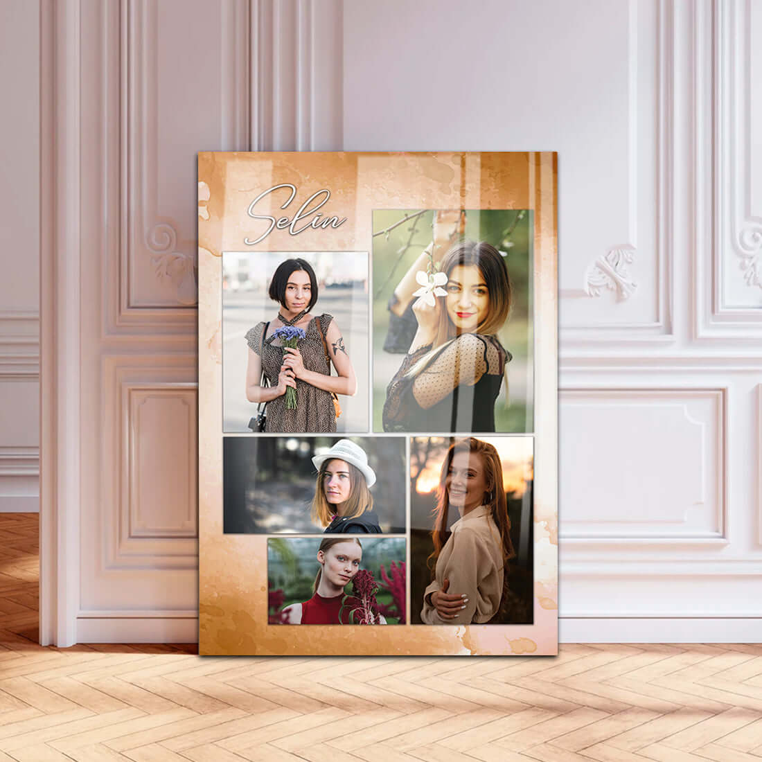 Personalized photo collage with portraits featuring stylish women, elegantly designed for home decor.