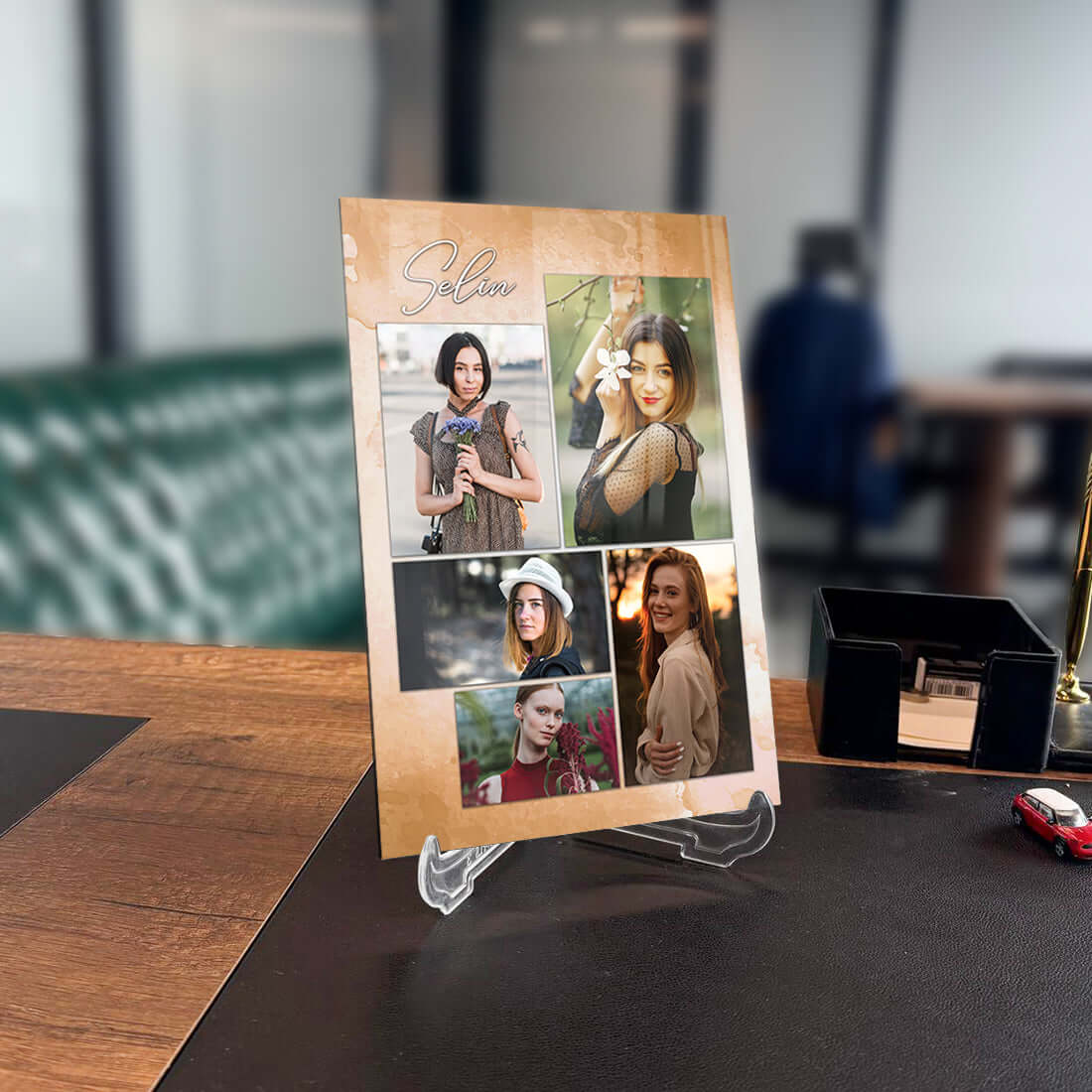 Kişiye özel tasarım cam tablo, modern ofis dekorasyonu için fotoğraf düzenlemesi.