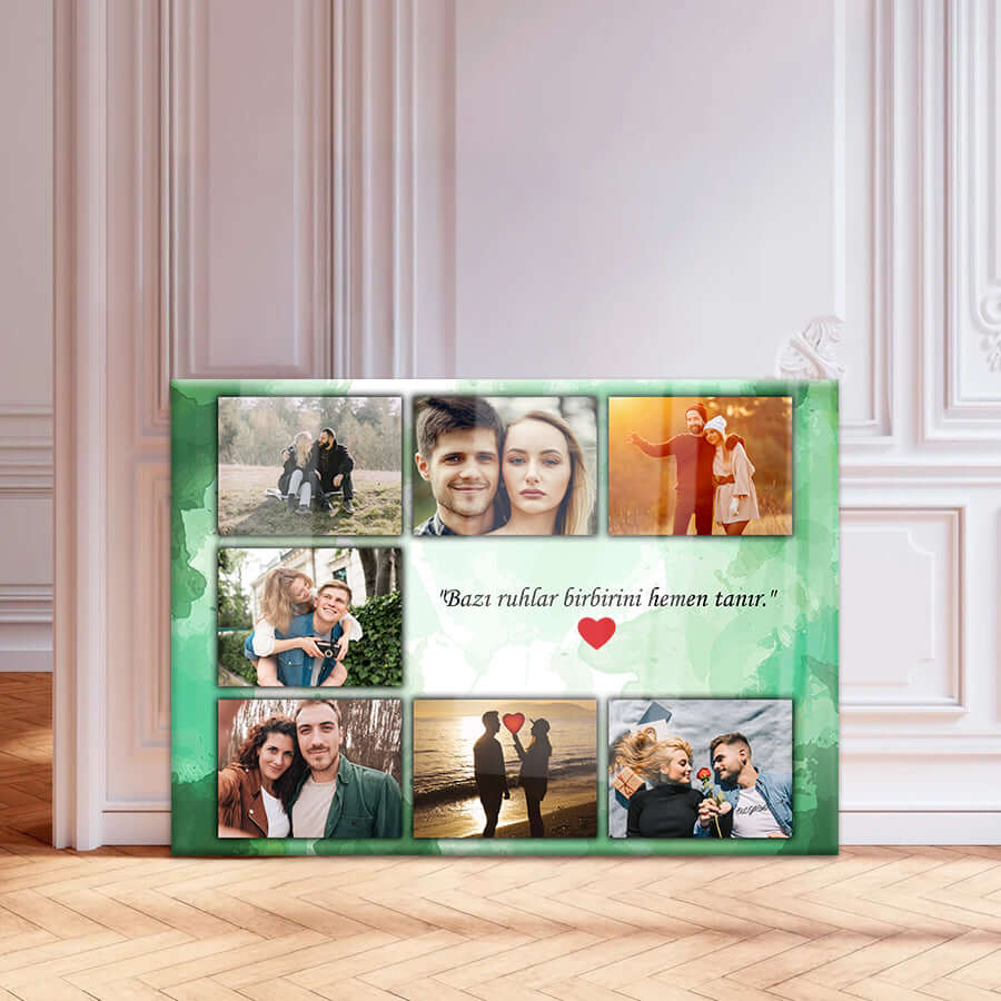 Personalized decorative glass panel featuring multiple photo frames and a meaningful quote.