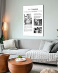 Modern living room featuring a stylish wall art piece titled "Anı Gazetesi" above a cozy sofa.