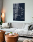 Modern living room featuring a stylish star chart glass decor piece on the wall.
