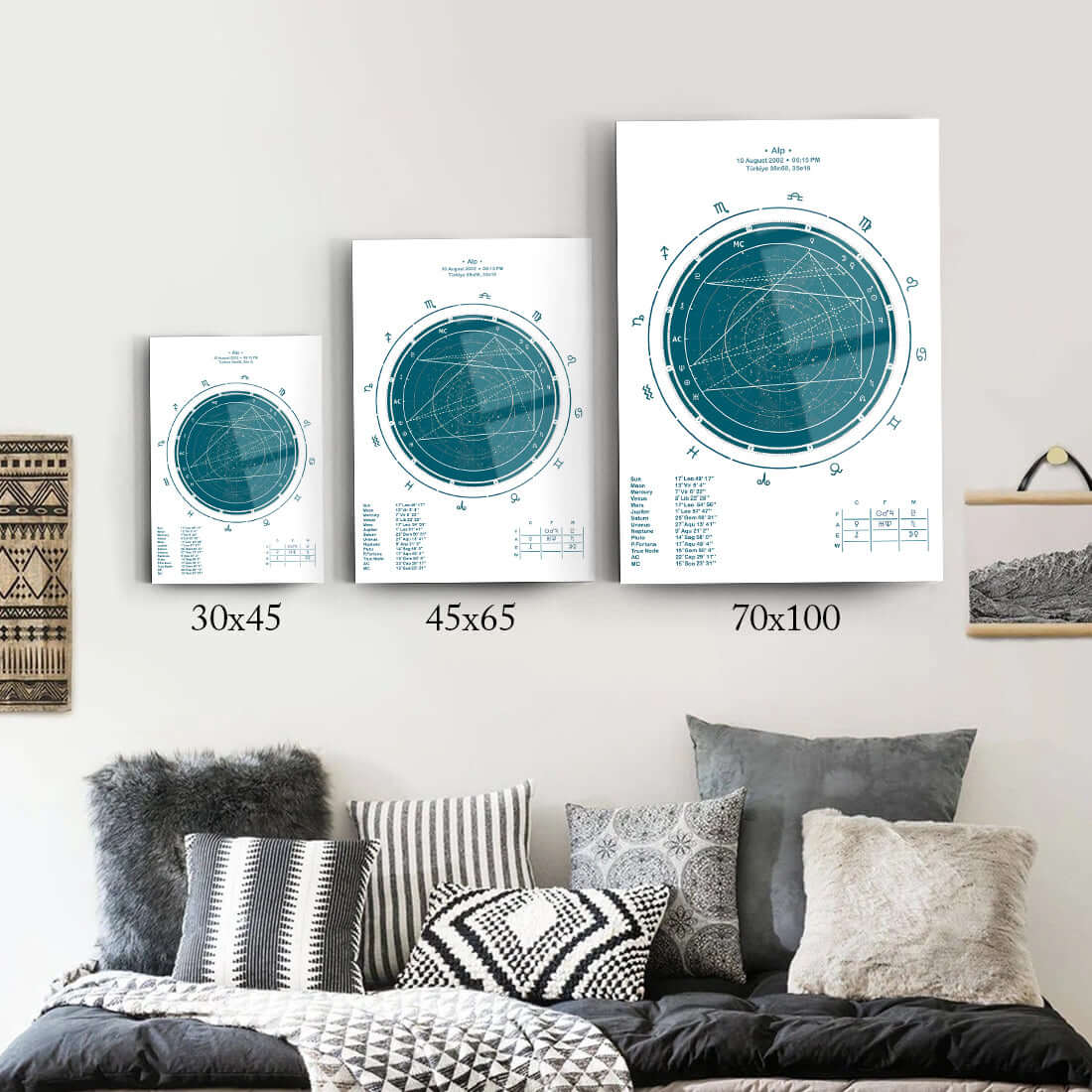Modern wall art showcasing styled astronomical charts in various sizes for home decor.