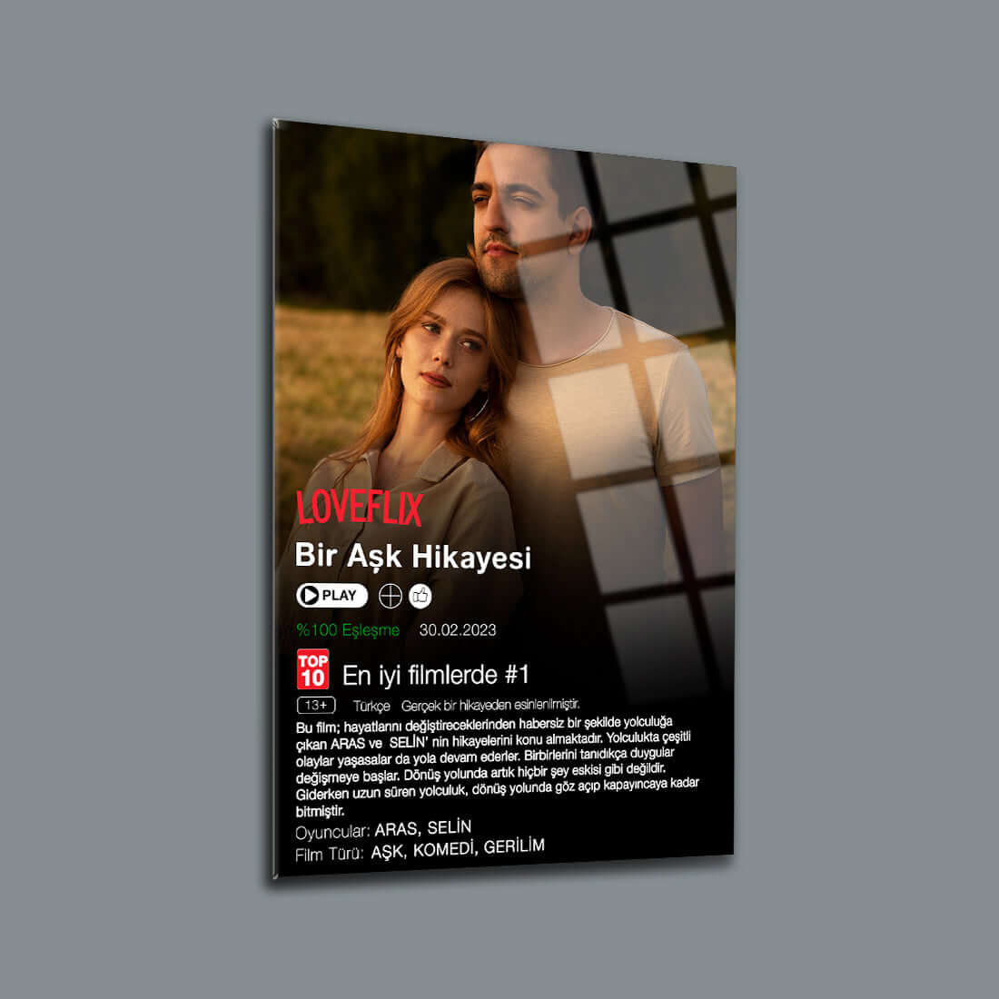 Loveflix film poster 'Bir Aşk Hikayesi' featuring couple, top 10 films, romance, comedy, and drama genres.