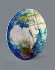 Yuvarlak Dünya Cam Tablo with detailed UV print design, showcasing vibrant colors of the Earth.