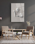 Modern interior with SRD Concept glass art panel featuring abstract sculpture and minimalist decor.