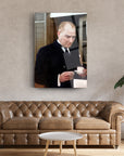 Atatürk themed glass art piece displayed above a stylish leather sofa in a contemporary living room.