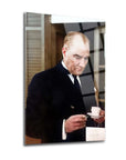 Atatürk 65 Cam Tablo depicting a historical figure holding a teacup on a sleek glass panel.