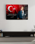 Atatürk 89 Cam Tablo featuring a portrait of Atatürk with the Turkish flag background, combining art and patriotism.