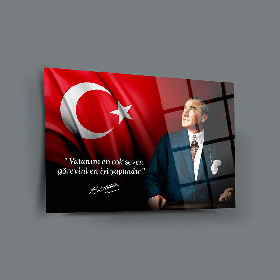 Atatürk 89 glass art, featuring Turkey's flag and inspirational quote, made from durable 4mm tempered glass.