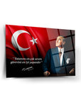 Atatürk 89 Cam Tablo with Turkish flag and motivational quote, high-quality tempered glass art.