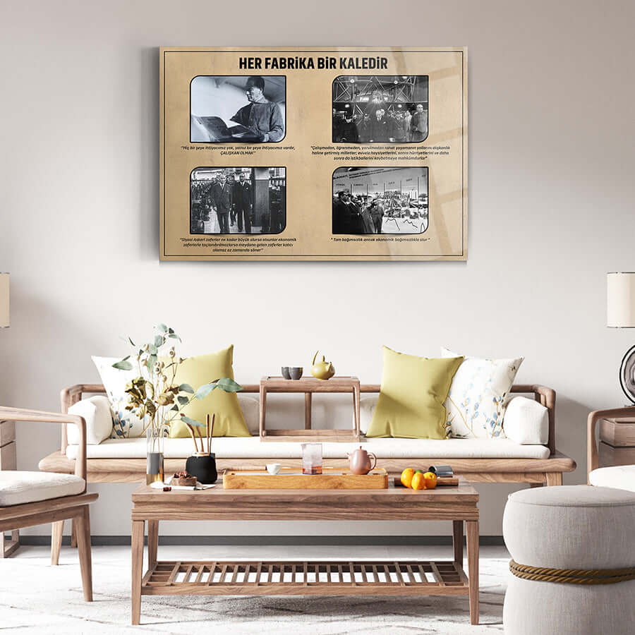 Atatürk 119 Cam Tablo displayed in a stylish living room, showcasing historical black and white images.