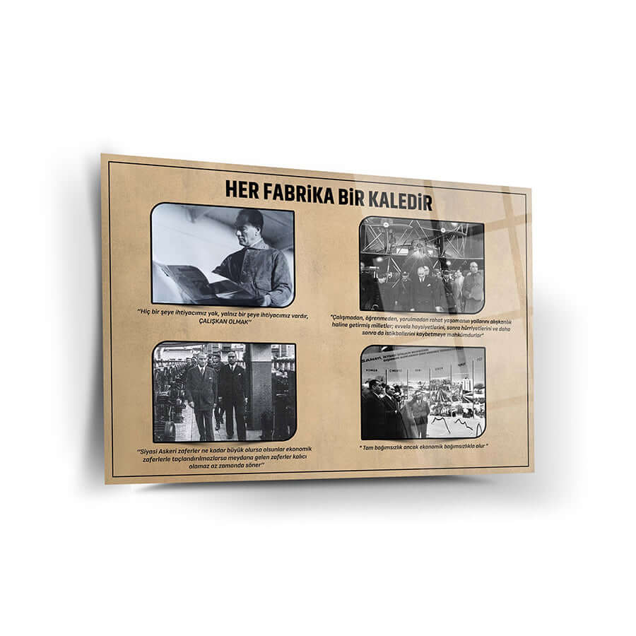 Atatürk 119 Cam Tablo with historical factory images and quotes, showcasing the importance of factories.