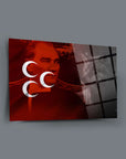 Bozkurt Üç Hilal Atatürk cam tablo, yüksek kaliteli UV baskı, dayanıklı temperli cam, modern dekorasyon.