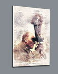 Atatürk 120 cam tablo featuring artistic depiction of Atatürk with textured background and inspirational quotes.
