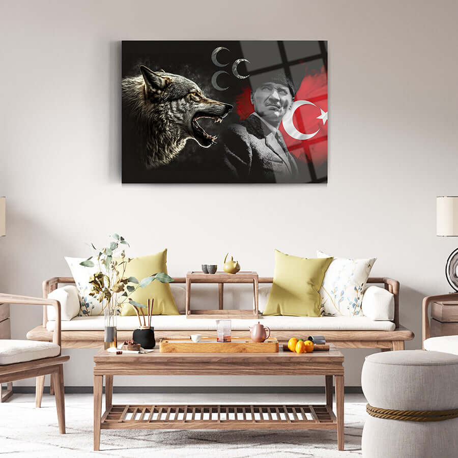 Bozkurt Üç Hilal Atatürk 2 Cam Tablo, modern oturma odası dekoru, özel UV baskı ve dayanıklı cam malzeme.