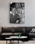 Atatürk 122 Cam Tablo featuring a classic black and white portrait in a modern living room setting.