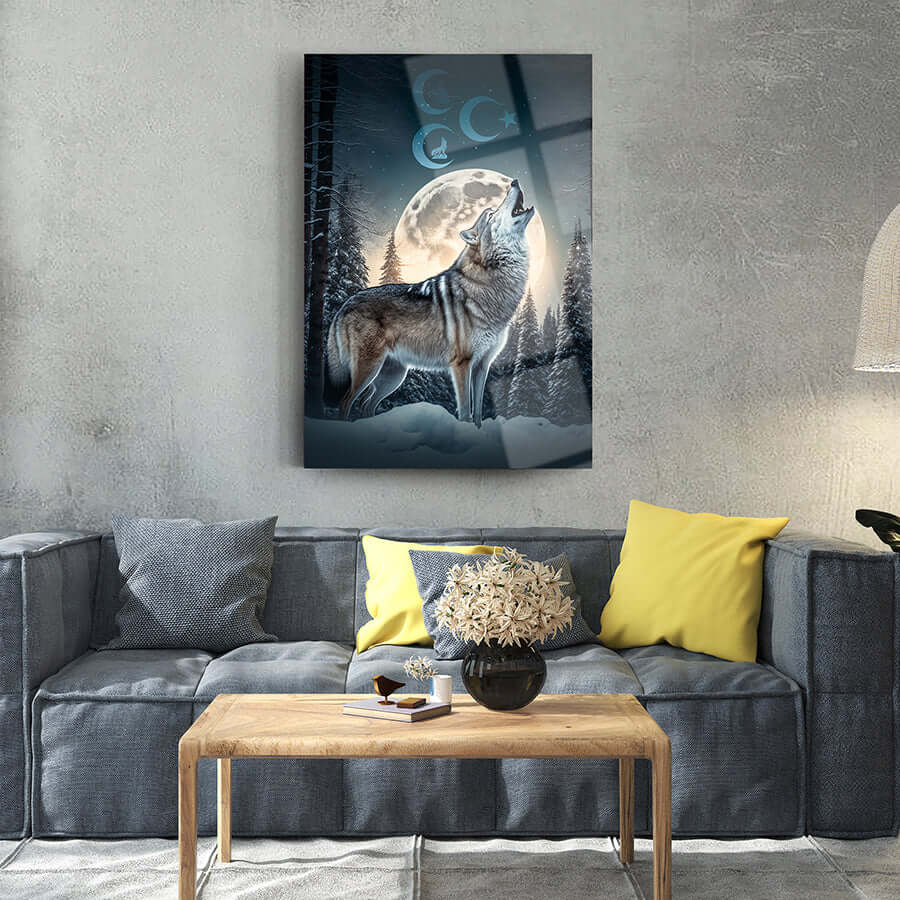 Wolf artwork with moon and trees in cozy living room setting, enhancing home decor.