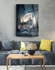 Wolf artwork with moon and trees in cozy living room setting, enhancing home decor.