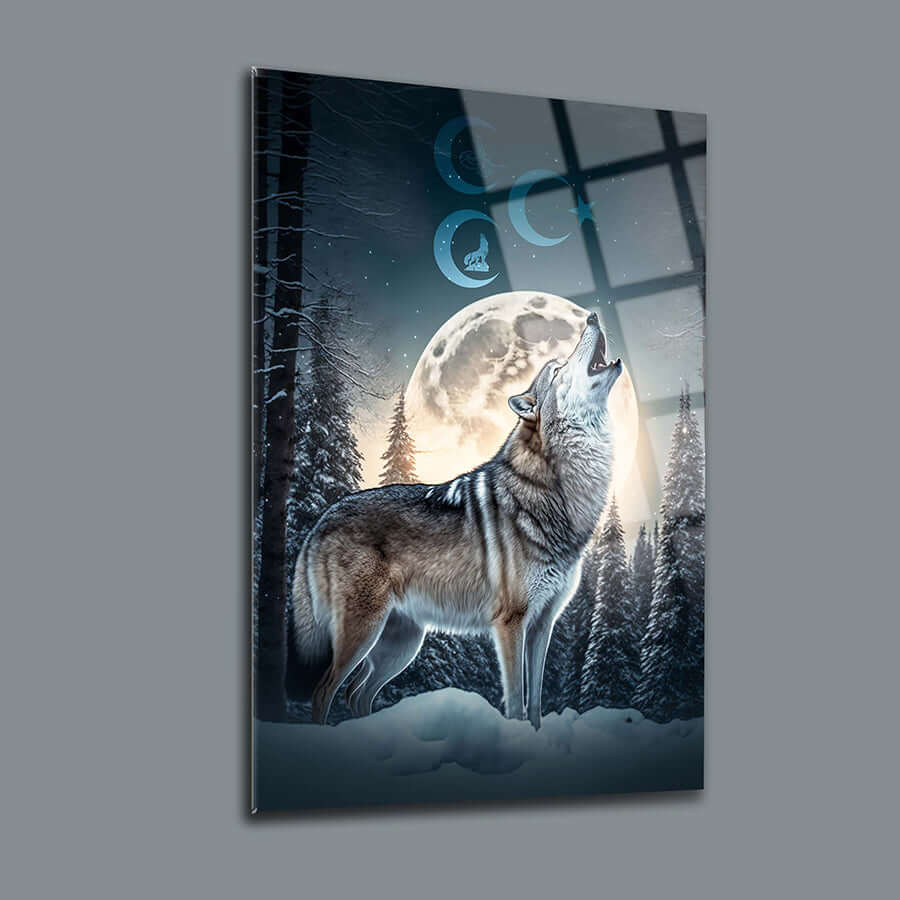 Bozkurt Üç Hilal 3 cam tablo, ay ve orman manzarası eşliğinde havlayan kurt tasarımı.