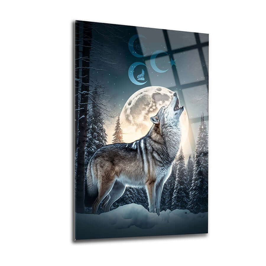 Bozkurt Üç Hilal cam tablo, doğada uluyan kurt ve ay manzarası ile şık dekorasyon ürünü.