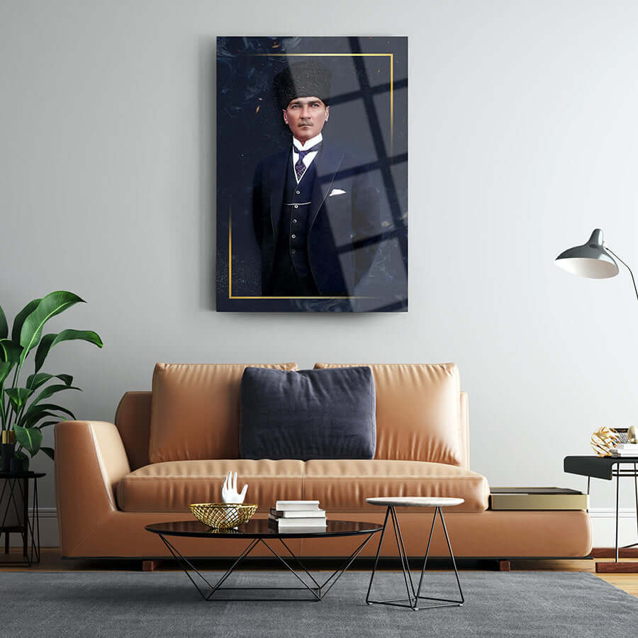 Modern interior featuring Atatürk 123 Cam Tablo above a stylish sofa, showcasing elegant design and high-quality glass art.