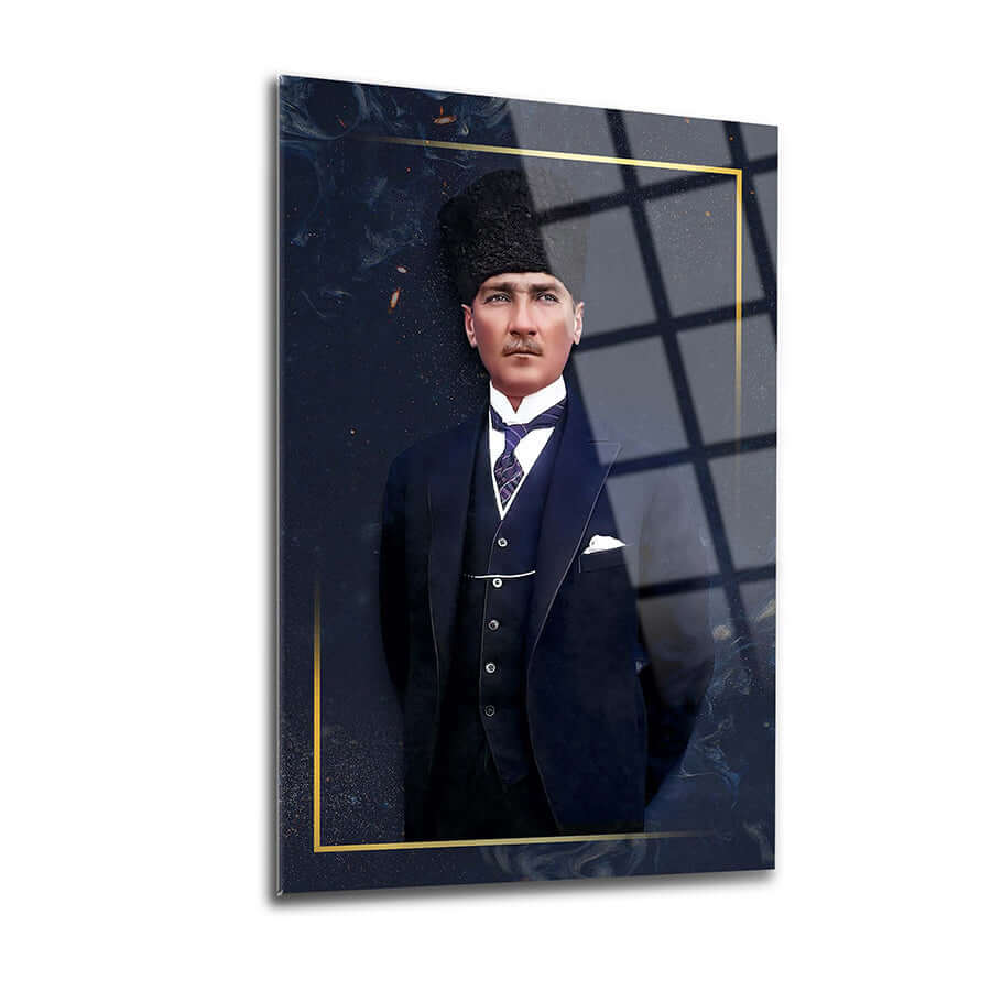 Atatürk 123 Cam Tablo, şık tasarım, dayanıklı cam, UV baskı, modern dekorasyon için ideal.