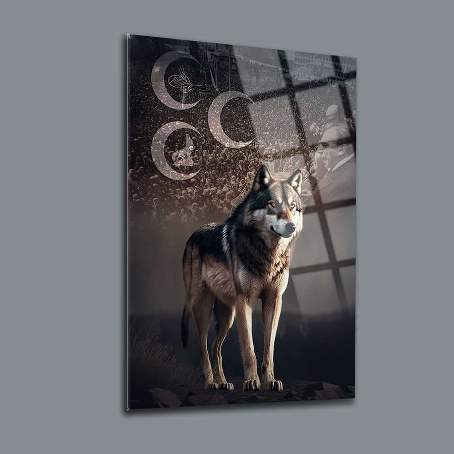 Bozkurt Üç Hilal temalı 5 mm kalınlığında UV baskılı cam tablo, yüksek kaliteli ve dayanıklı tasarım.