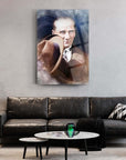 Modern interior featuring Atatürk 125 cam tablo above a stylish black sofa decor.