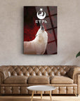 A modern living room featuring a striking wall art of a howling wolf on a deep red background.