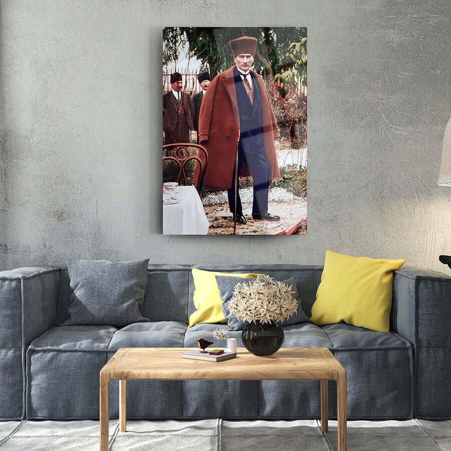 Elegant Atatürk 126 Cam Tablo displayed in a modern living room, showcasing its glass quality and unique design.