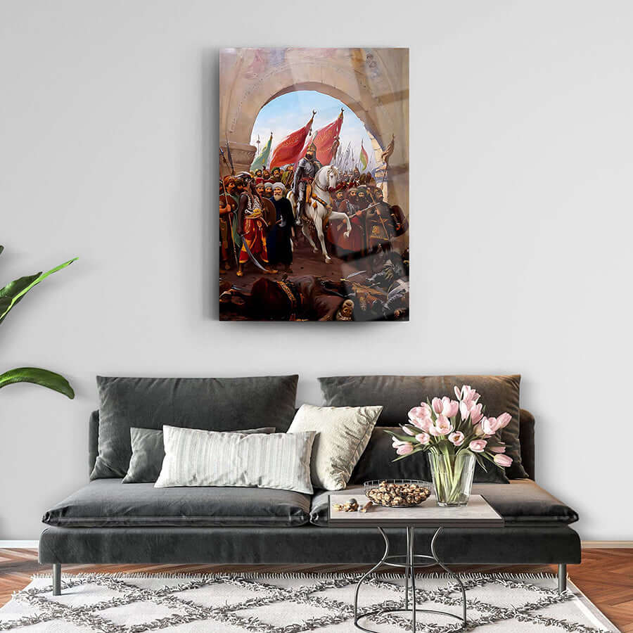 Fatih'in İstanbul'a Girişi 2 Cam Tablo, modern oturma odasında şık tasarım ve tarihi tema.