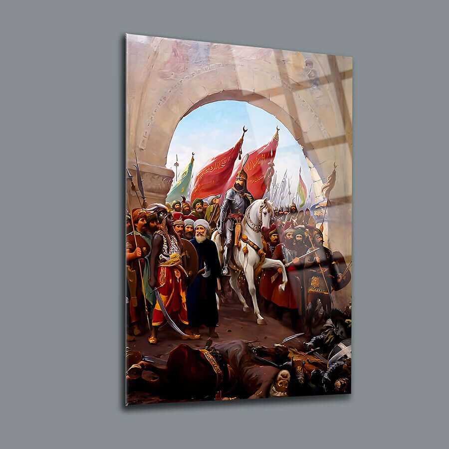 Fatih'in İstanbul'a Girişi cam tablo, yüksek kaliteli UV baskı ve sağlam cam malzemeden yapılmıştır.