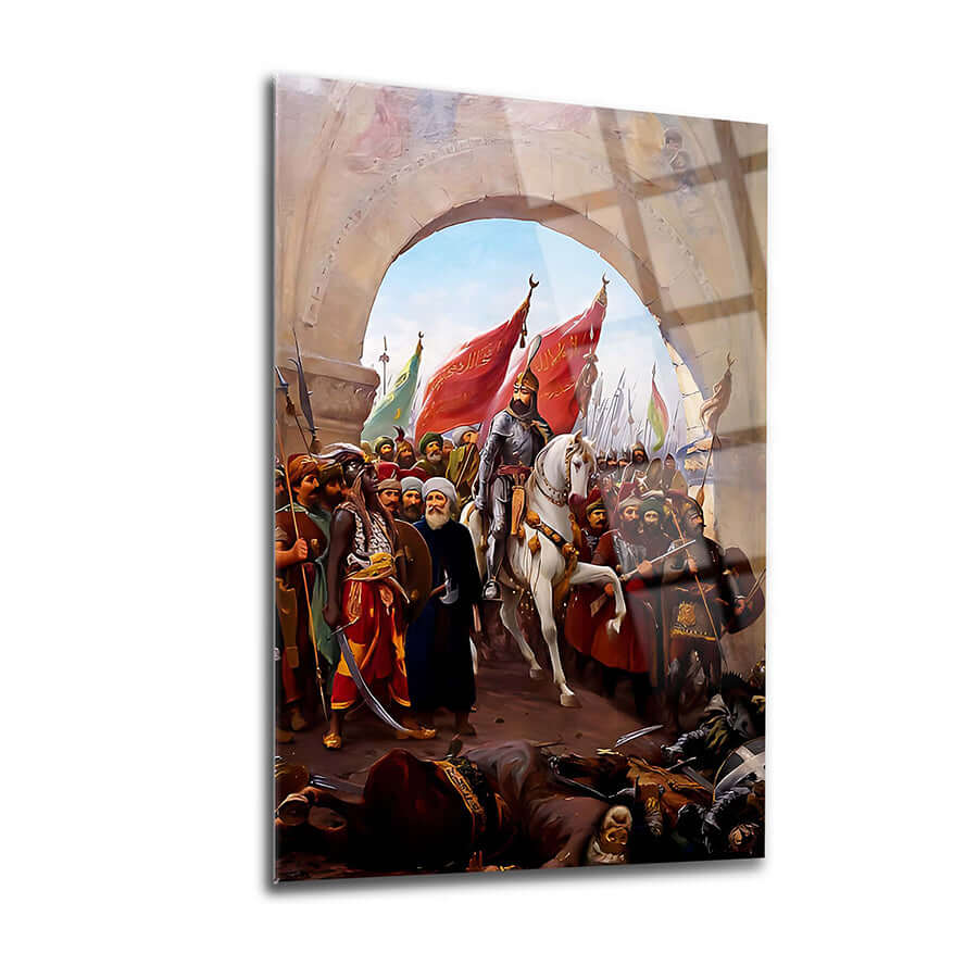 Fatih'in İstanbul'a Girişi 2 cam tablo, kaliteli UV baskı ile tasarlanmış tarihi sahne.