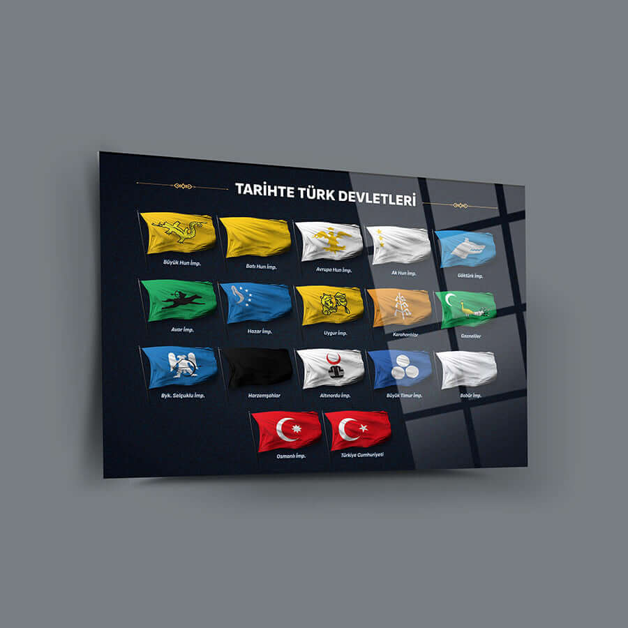 Tarihte Türk Devletleri cam tablo, Türk devletlerinin bayrakları ve tarihi simgeleri ile şık tasarım.