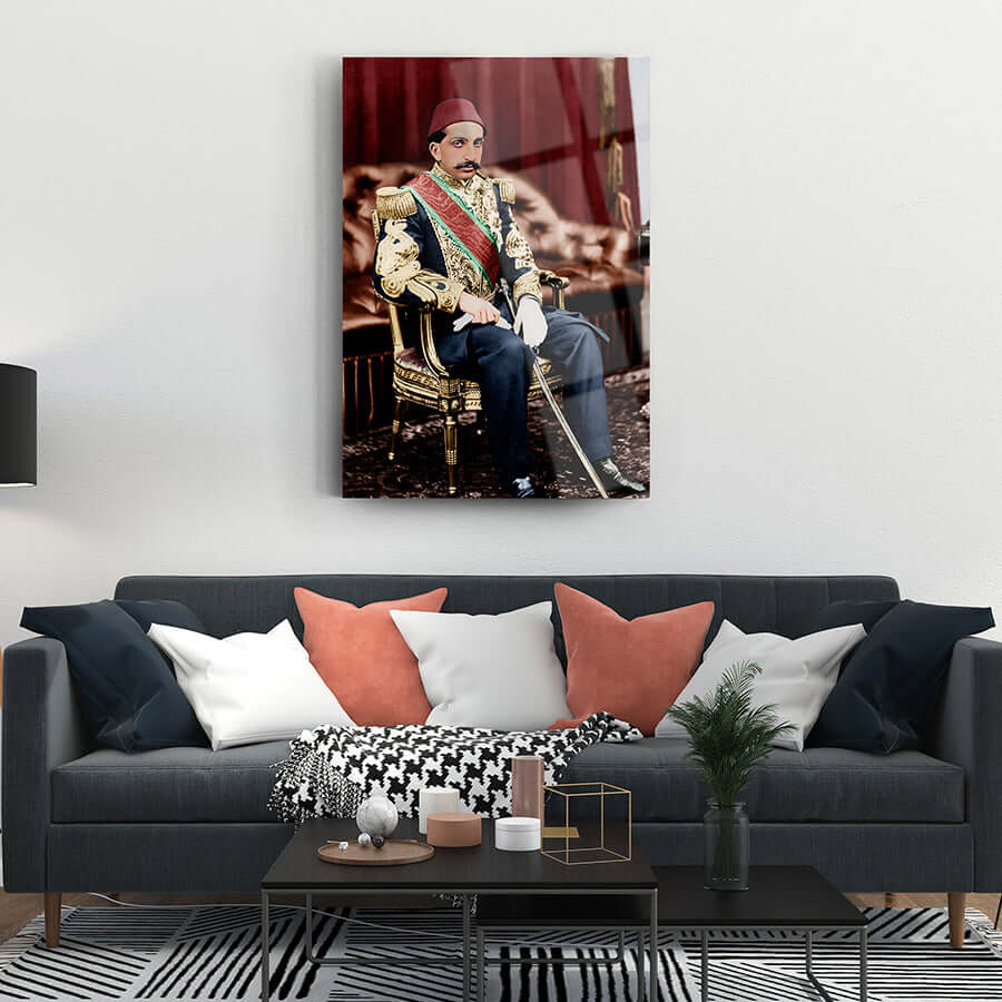 Abdülhamit Han 4 cam tablo, yüksek kaliteli UV baskı, şık oturma odası dekorasyonu.