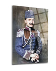 Enver Paşa on a colorful cam tablos, showcasing a historical portrait with intricate details and elegance.