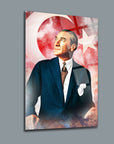 Atatürk 3'lü Set 6 Cam Tablo featuring a portrait of a man with a Turkish flag background, showcasing modern art style.
